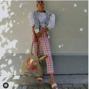 NWT Zara Size XS Pink/white High-waisted Gingham Pants